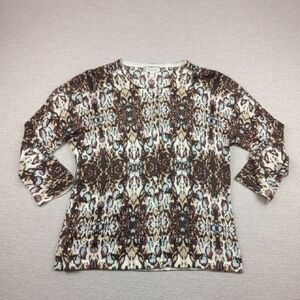 Garnet Hill Patterned Brown and Cream Women's Merino Cardigan, Size L